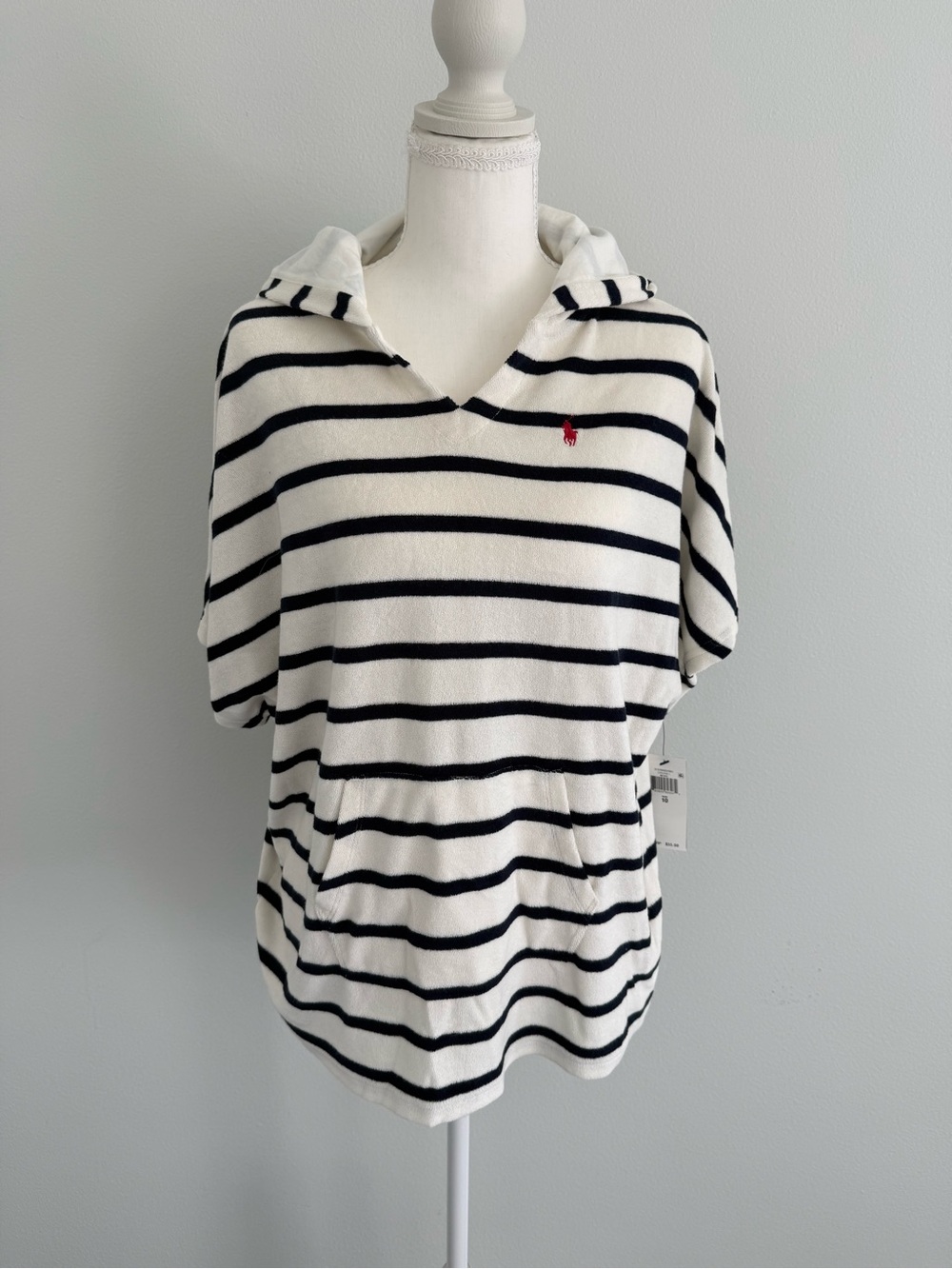 Polo Ralph Lauren Girls Hooded Pullover Swim Coverup- White & Dark Blue